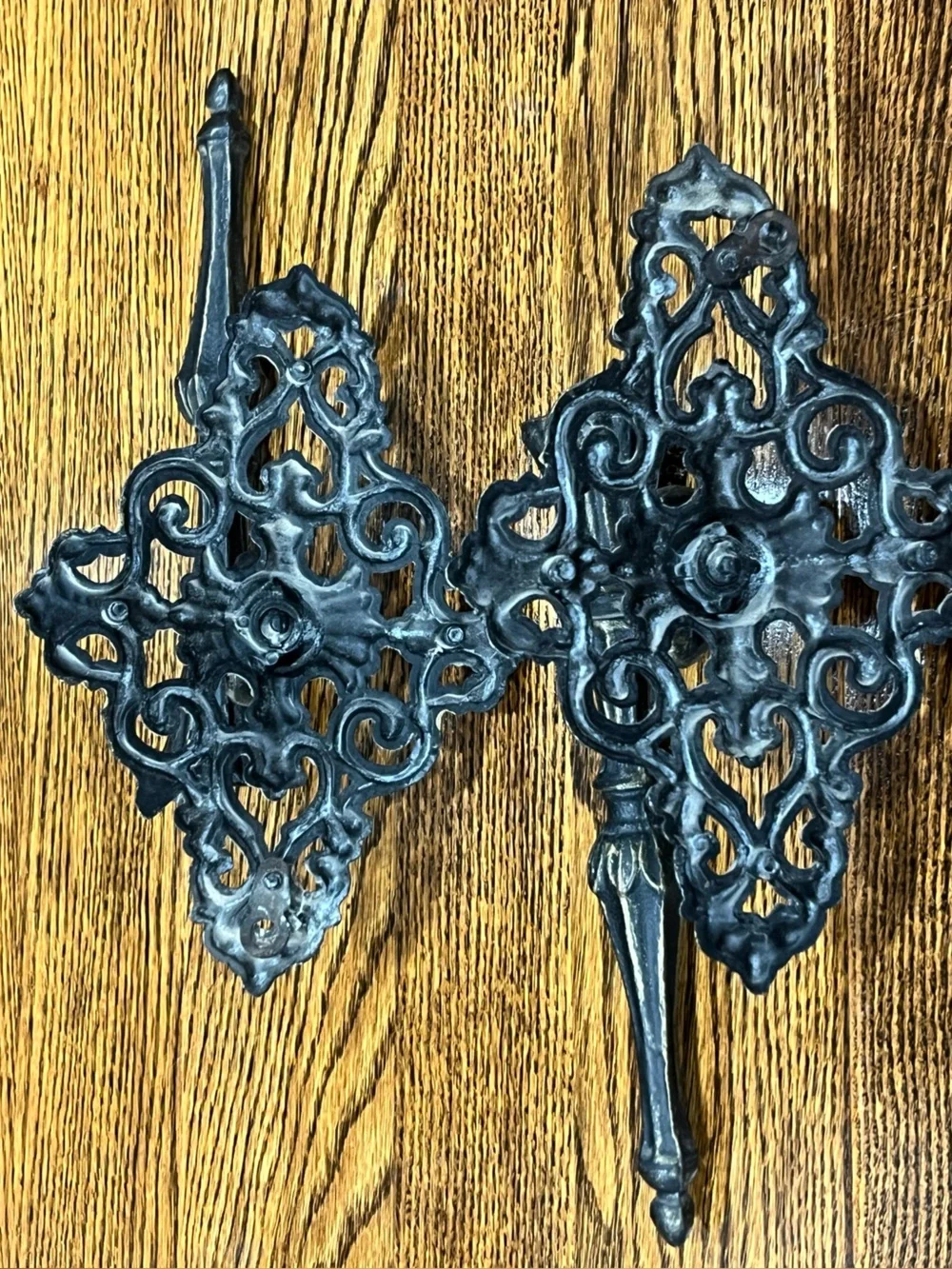Pair of Gothic Cast Metal Wall Sconces Black Ornate Taper Candle Holders